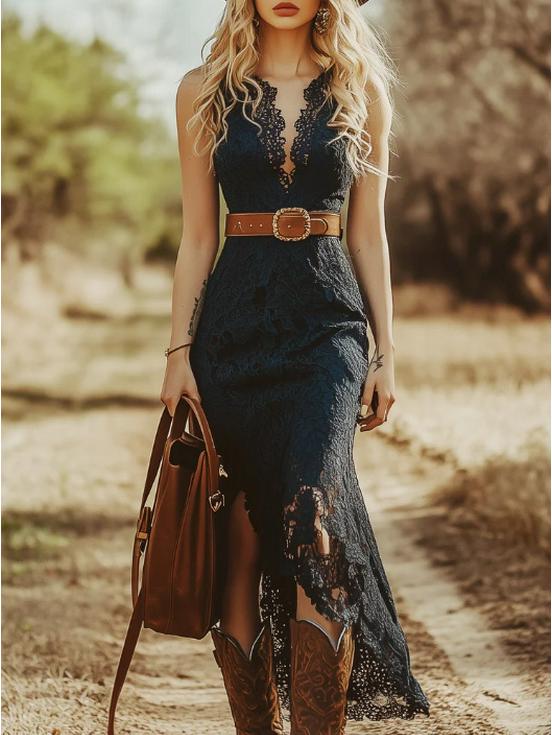 Retro Bohemian Blue Lace Sleeveless Midi Dress L