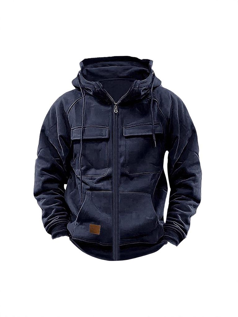 Men's Retro Leather Patch Hooded Sweatshirt - Solid Color, Cross-Border, Autumn/Winter Collection