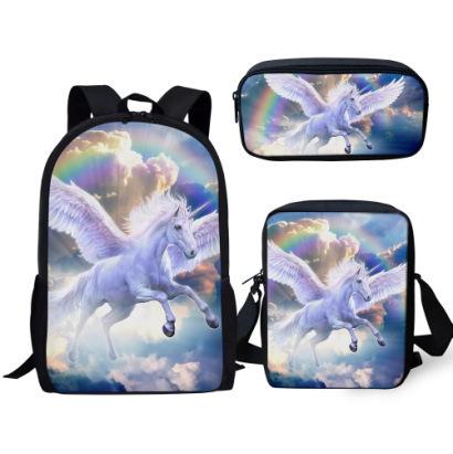 Grasland Pferdemuster dreiteiliges Rucksack-Federmäppchen-Umhängetaschen-Set lässig 3D-bedrucktes Rucksack-Set