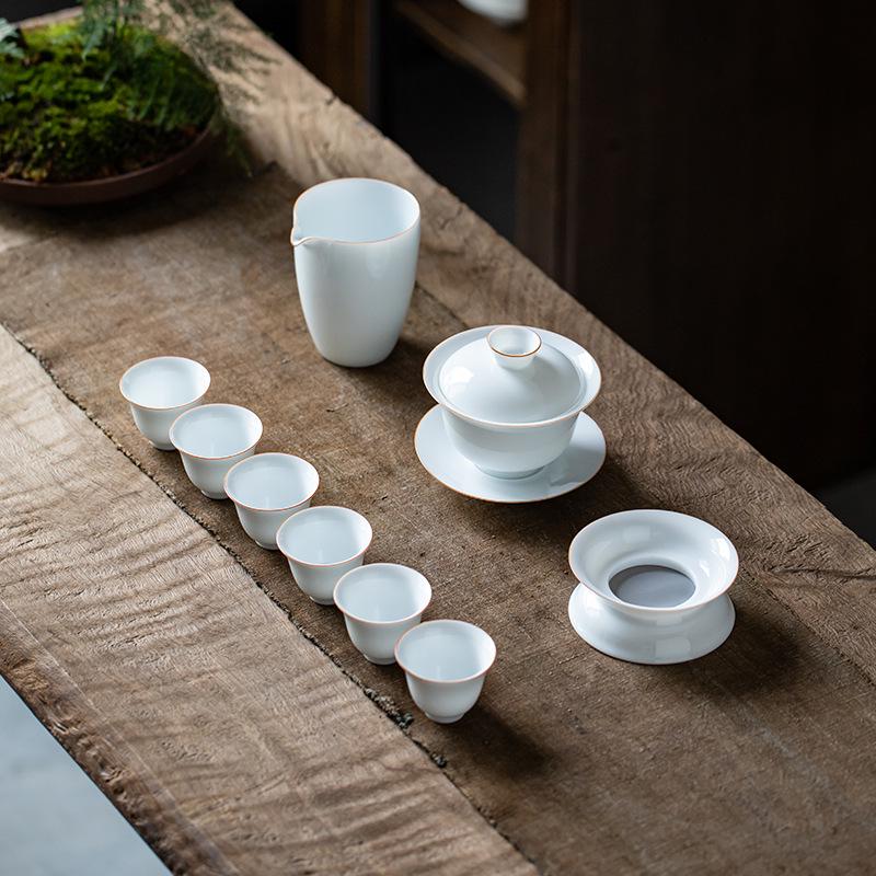 Minimalist White Jade Porcelain Kung Fu Tea Set: Handmade Teacups & Gaiwan Business Gift