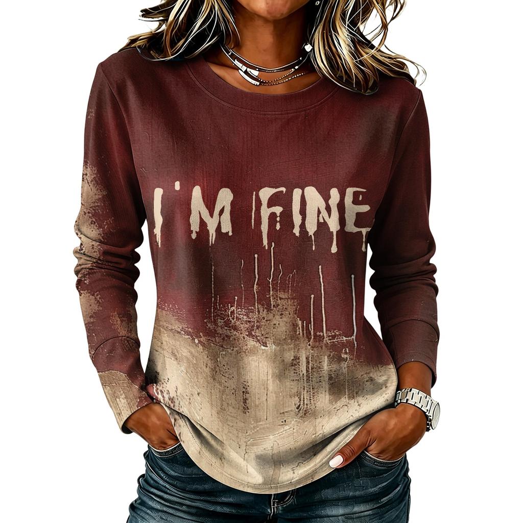 Women's Halloween Print Long Sleeve Top Casual Round Neck T-Shirt for Fall Party Wear