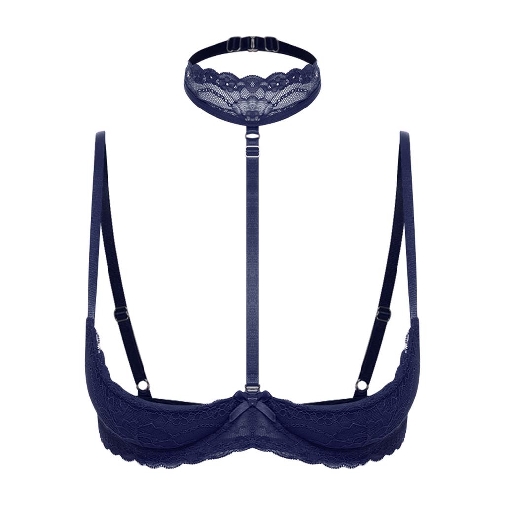 Damen 1/4 Cup Push-Up Ungefütterter Spitzen-BH Bügel-Balkonett-BH-Top Weiche Brustpolster Choker
