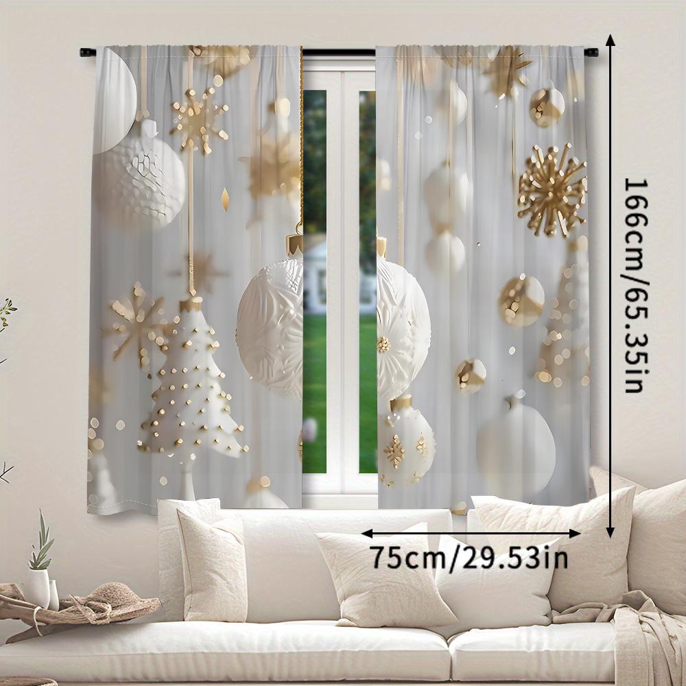 White and Gold Christmas Curtains Elegant Charming Christmas Tree and Ball Print Curtains for Bedroom Living Room Kitchen Window