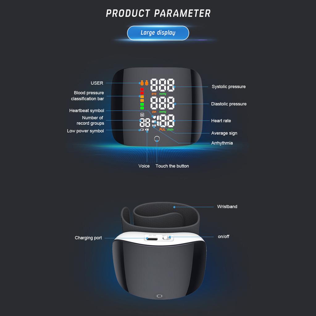 Blood Pressure Monitor Contact Screen Three-color Display Wrist Measurement Two-person Memory