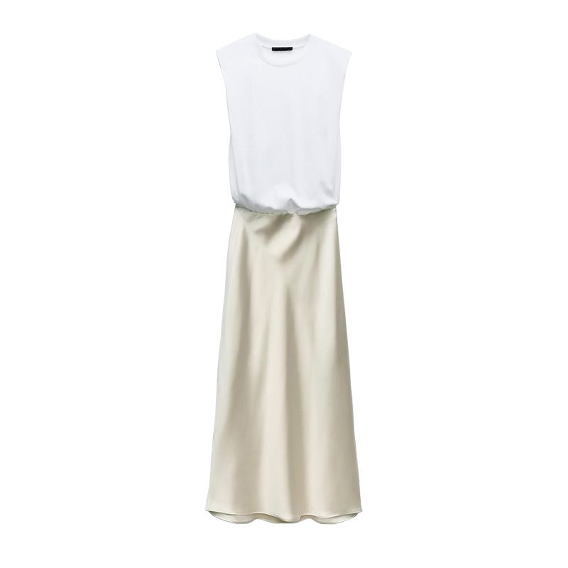 

Spring New Temperament Commute round Neck Sleeveless with Padded Shoulder Silk Satin Texture Patchwork Dress 2157034 Champagne L