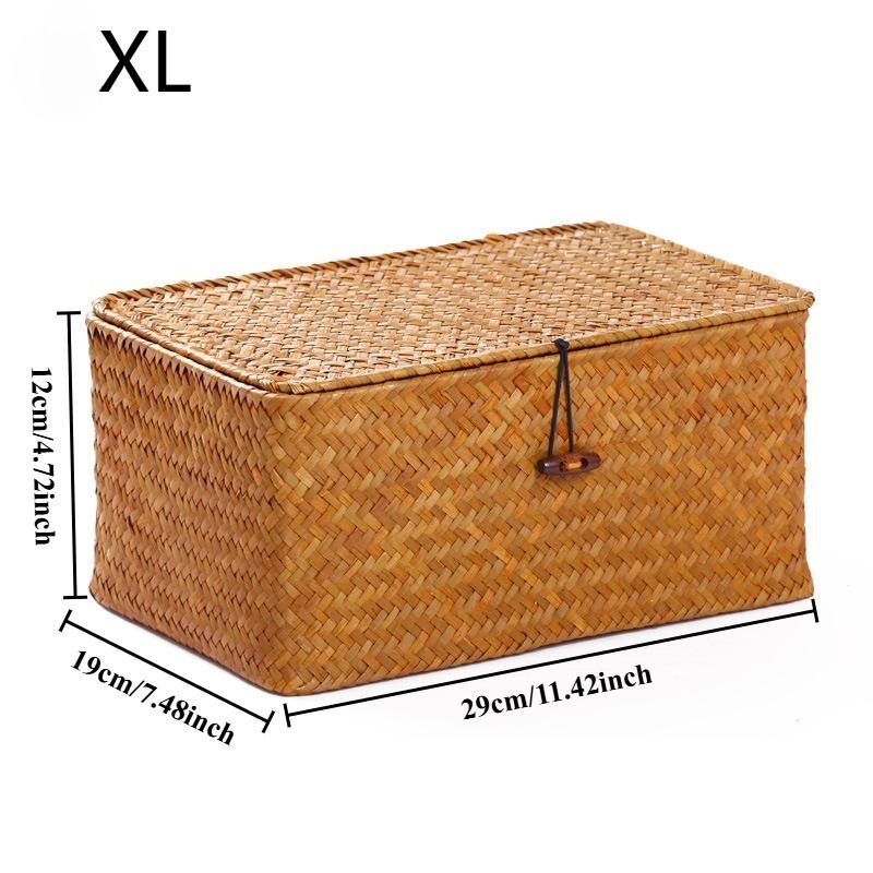 Handmade Seaweed Woven Storage Box, Retro Storage Rack Basket, with Lid Buckle Design, Household Miscellaneous Storage Box
