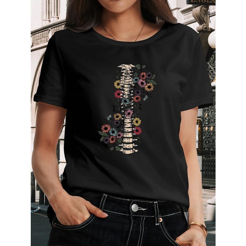 

Women s Spine Themed Floral Print T-Shirt Soft Non-Transparent Casual Top Machine Washable Spring Summer Autumn Wear 4XL чорний