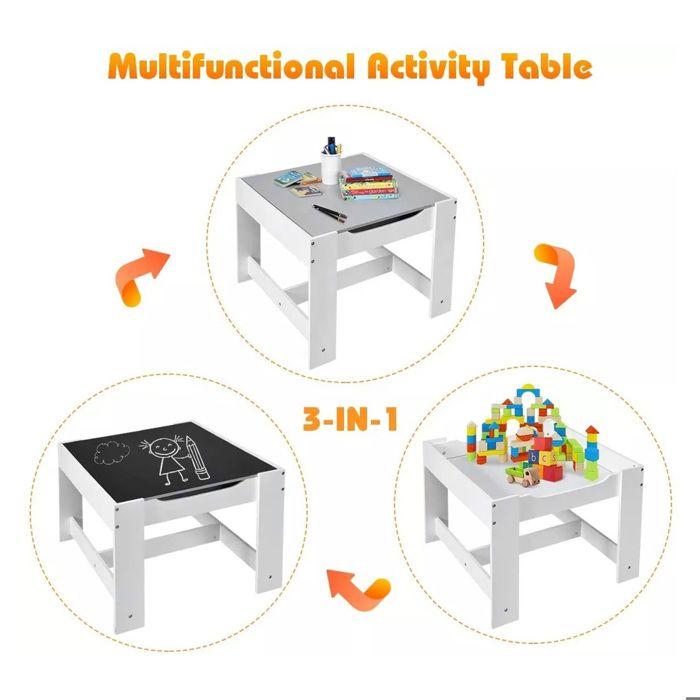 Table Enfant GINGER HOME 2-en-1 avec 2 Chaises, Tableau Noir et Rangement – Bois Blanc/Gris, Sécurisée et Ergonomique