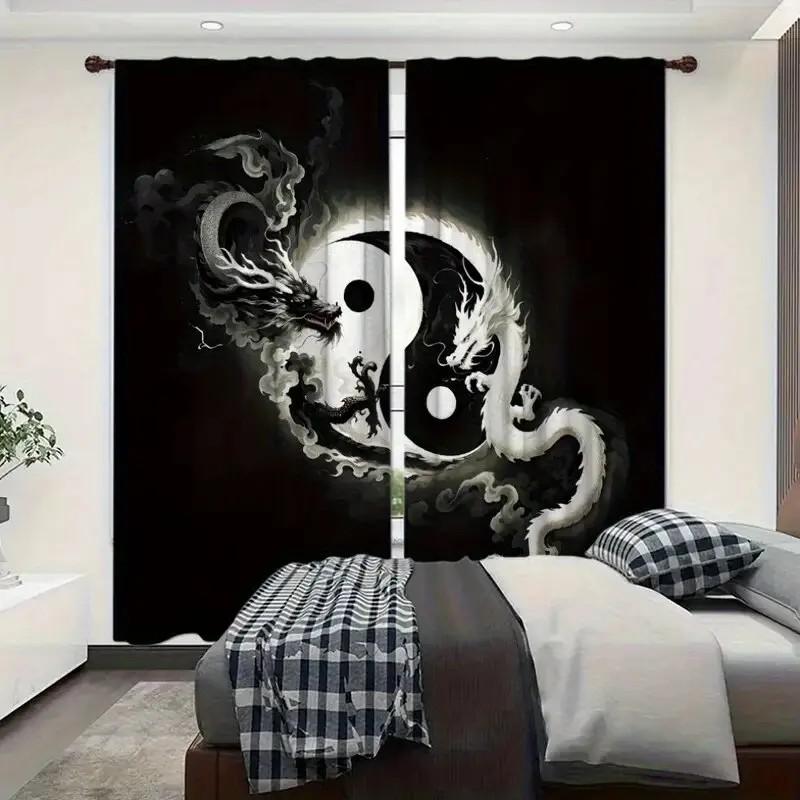 2pcs Dragon Yin Yang Printed Curtains   Blackout Rod Pocket Window Drapes   Home Decor   Living Room Bedroom Decor