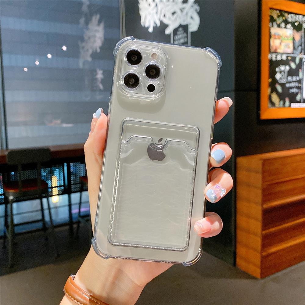 

Transparent Card Slot Bag Holder Case for iPhone 16 15 14 13 11 12 Pro Max Mini X XS XR Plus Clear Shockproof Soft Wallet Cover For iPhone 12 mini