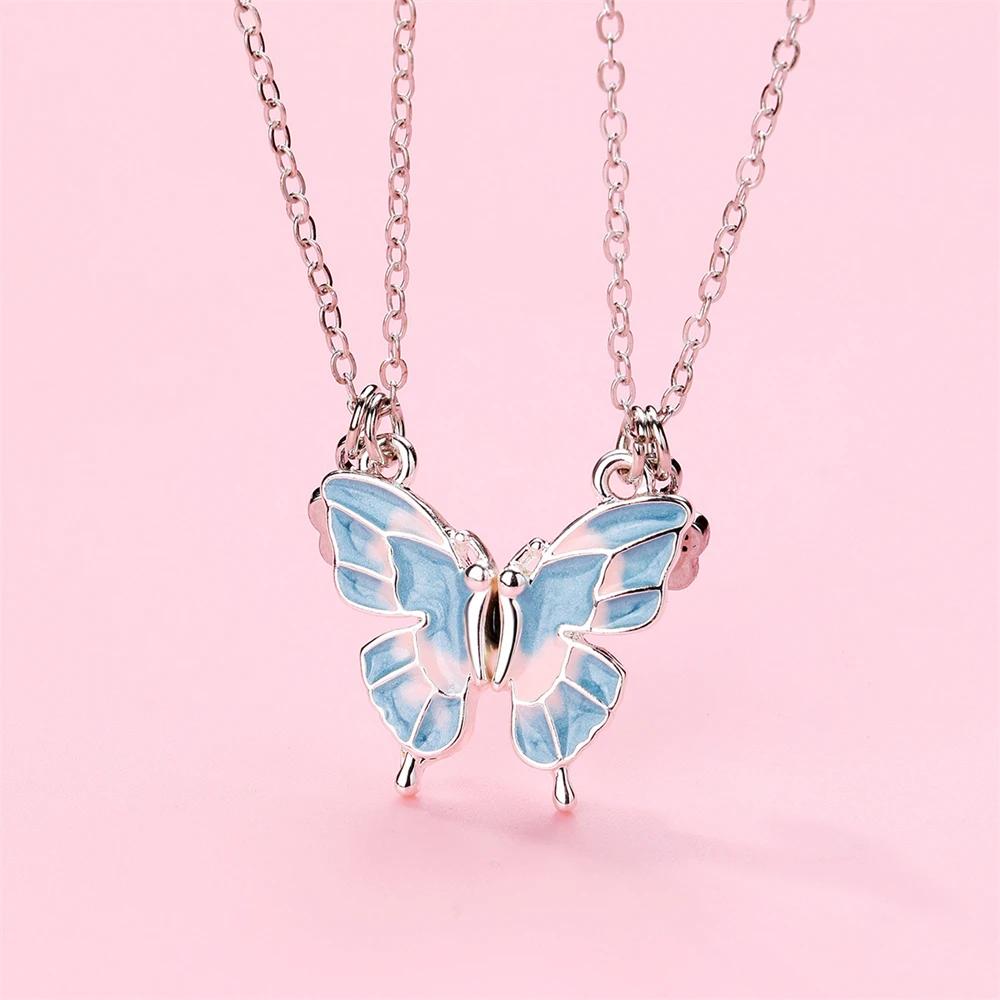 2PCS/Set Beautiful Butterfly Pendant Necklaces Best Friends Couple Magnet Choker Vintage Chain Lover Fashion Party Jewelry Gifts