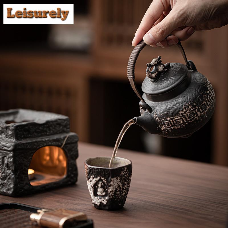 Handmade Wabi Sabi Black Pottery Buddha Tea Warmer Holder Candle Heater Stove Kettle Stand Baked Milk Jar Carbon Furnace Tea Set