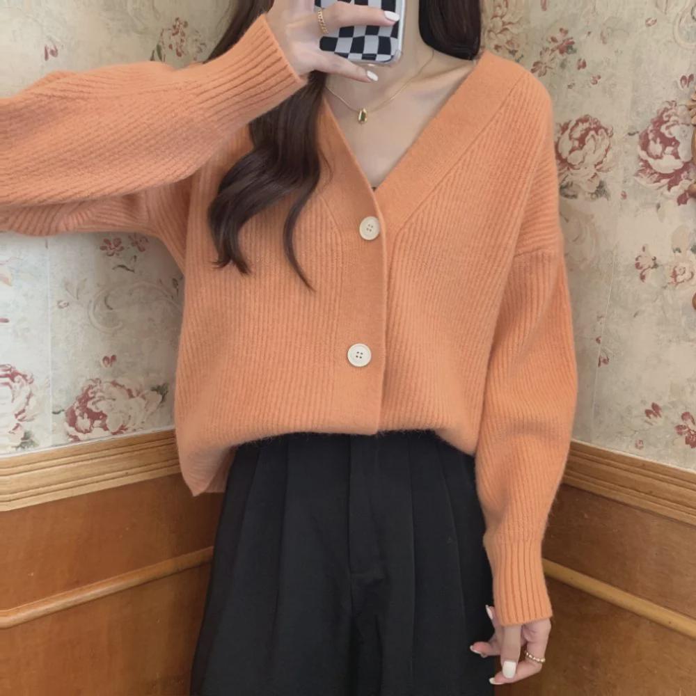 2024 Loose Fit Japanese Retro Soft Knit V-Neck Cardigan for Spring & Autumn