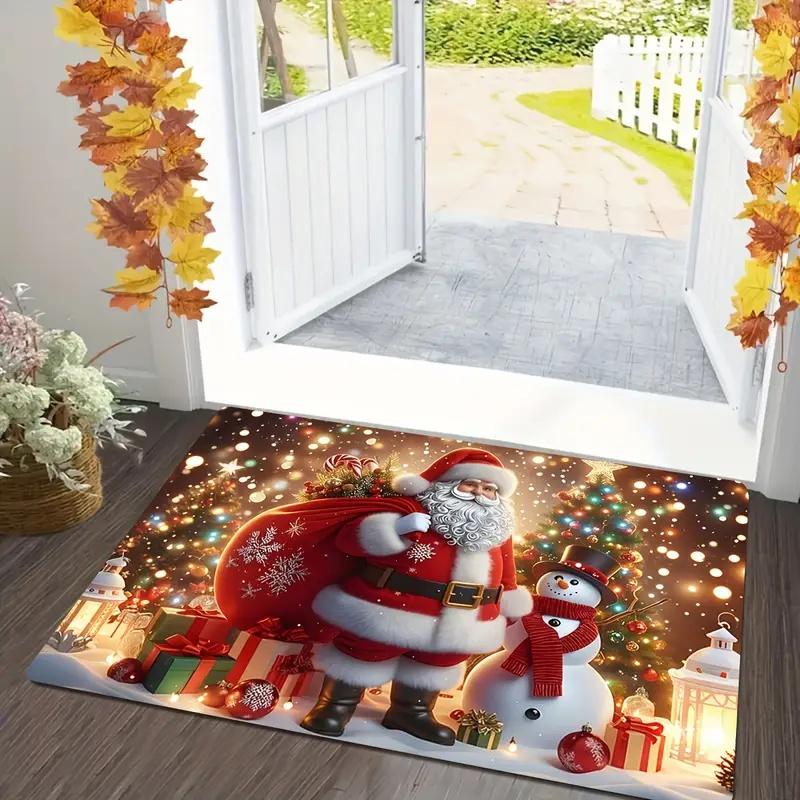 Christmas Santa Sleigh Carpet Rug "Merry Christmas" Mat Holly Berries Bell Decoration Mat for Home Decoration Festive Floor Rug