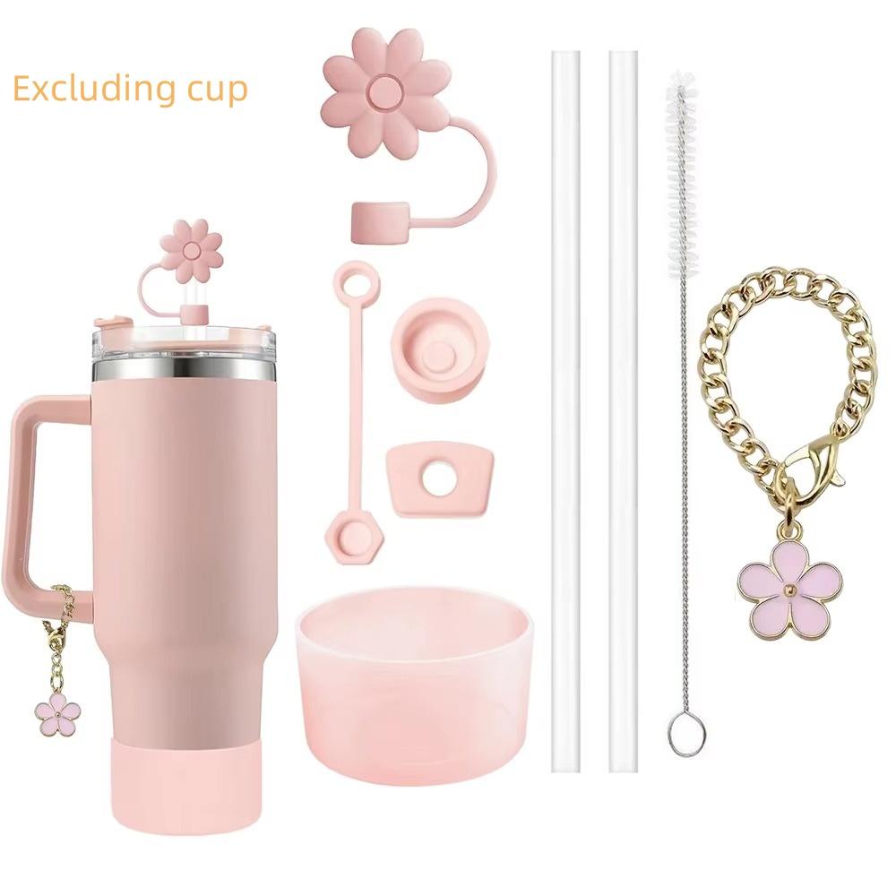 9pcs Accessories Set 2 Straw and Brush 3 Spill Proof Stopper Flowers Straw Cover Boot and 1 Flower Charm Chain for Stanley Cup