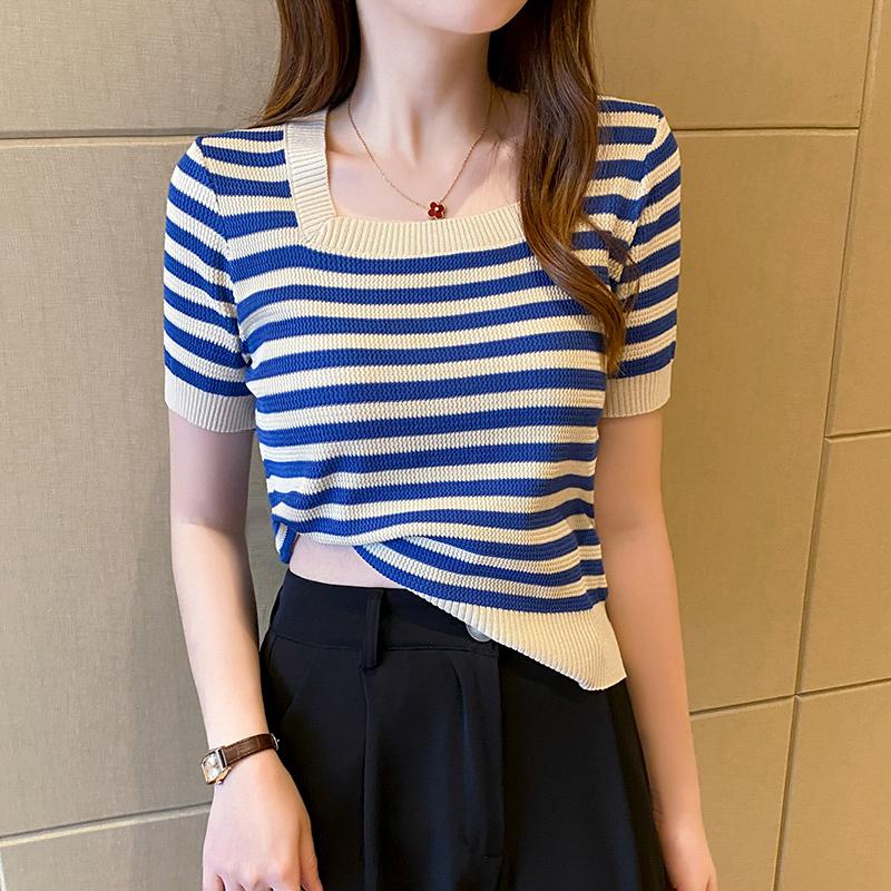 Sommer Kurzarm Gestreiftes T-Shirt Damen Gestrickte Hemden Pullover Tops Weiblich Elastisch Lässig Strick-T-Shirt Damen T-Shirts Crop Tops