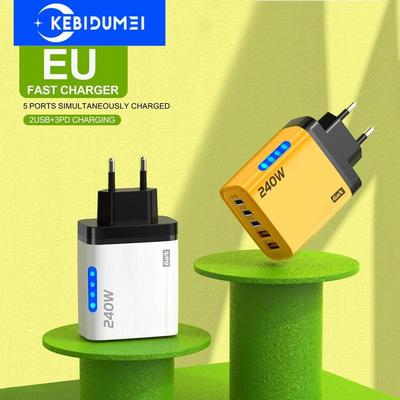 Caricatore Rapido 240W PD Caricatore USB Adattatore di Ricarica Rapida per Telefono 5 Porte Adattatore da Parete Spina EU