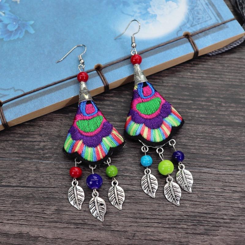 Retro hand-embroidered fabric earrings female long flower fringed versatile temperament performance earrings earrings