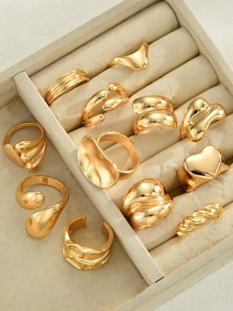 12Pcs Gold Color Lava Texture Ring Set For Women Chunky Statement Irregular Heart Teardrop Stackable Rings Minimalist Jewelry