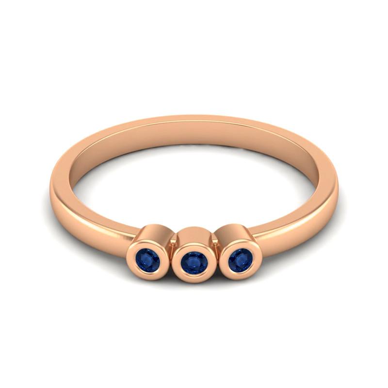 Tiny Round Shape Blue Sapphire Gemstone 925 Sterling Silver Rose Plated Three Stone Minimalist Women Engagement Ring