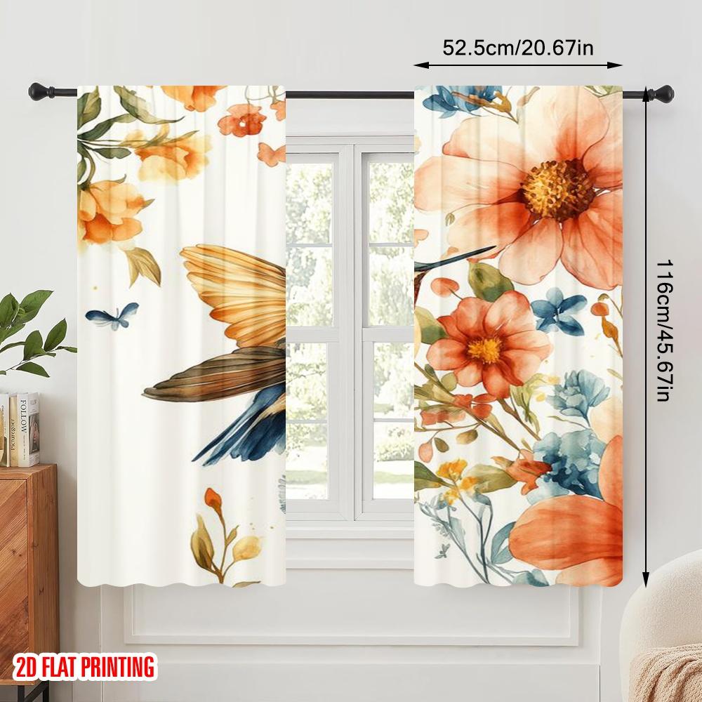 2pcs,2D Plane Printing Curtains Hummingbird Bliss 100% Polyester (without Rod) Outdoor Decorations for Bedroom, Office, Living