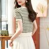 Sommer Kurzarm Gestreiftes T-Shirt Damen Gestrickte Hemden Pullover Tops Weiblich Elastisch Lässig Strick-T-Shirt Damen T-Shirts Crop Tops