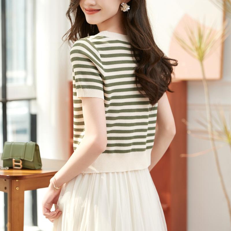 Sommer Kurzarm Gestreiftes T-Shirt Damen Gestrickte Hemden Pullover Tops Weiblich Elastisch Lässig Strick-T-Shirt Damen T-Shirts Crop Tops