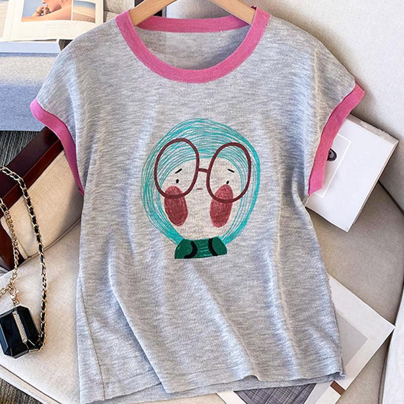 Women Sweaters Pullovers 2025 Summer Short Sleeve O-Neck Print Knitted Sweater Women Tops Pullover JJ183