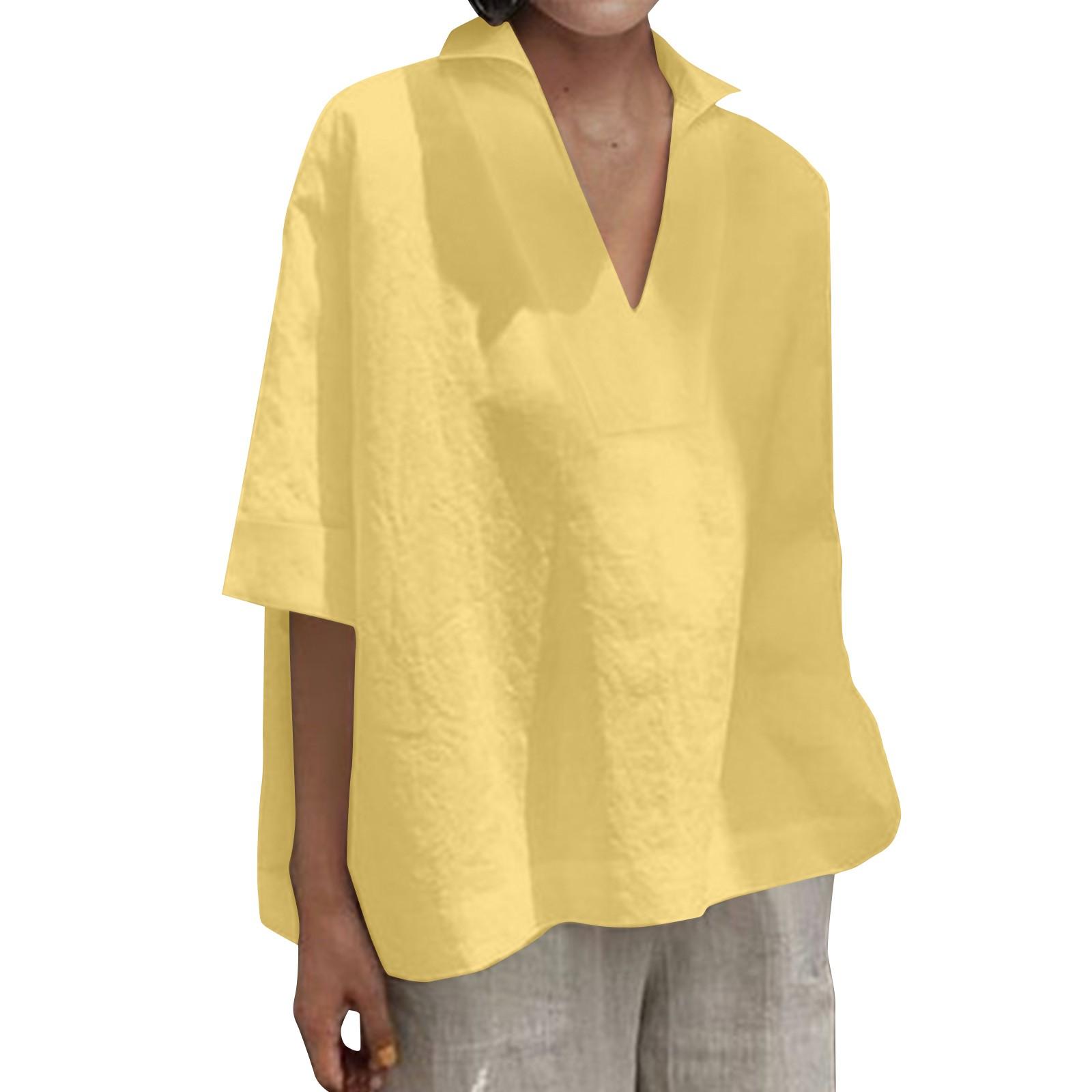

Женская хлопково-льняная универсальная однотонная женская рубашка с v-образным вырезом и свободными рукавами XL жёлтый
