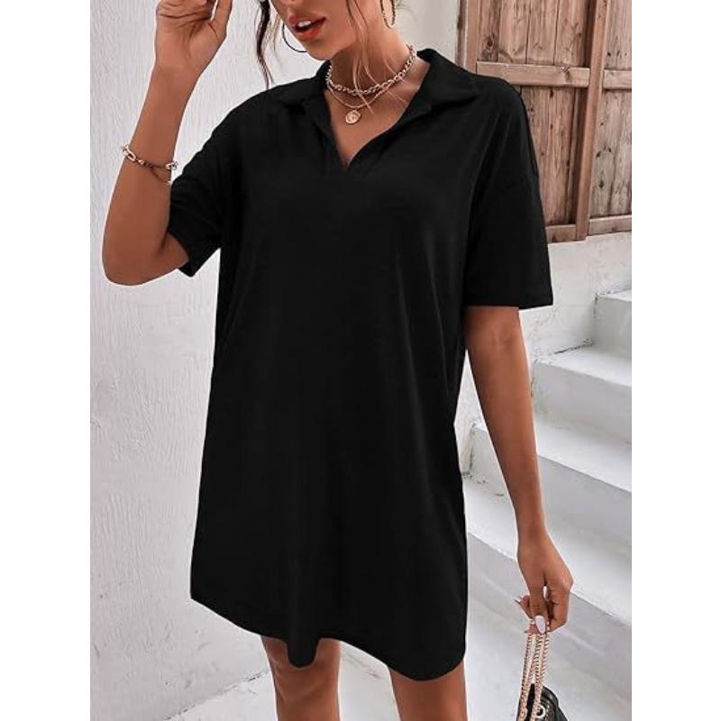 YYFS Women's Fashion Summer Spring Solid Color Print Short Sleeve POLO Neck Loose Waistline Casual Dresses
