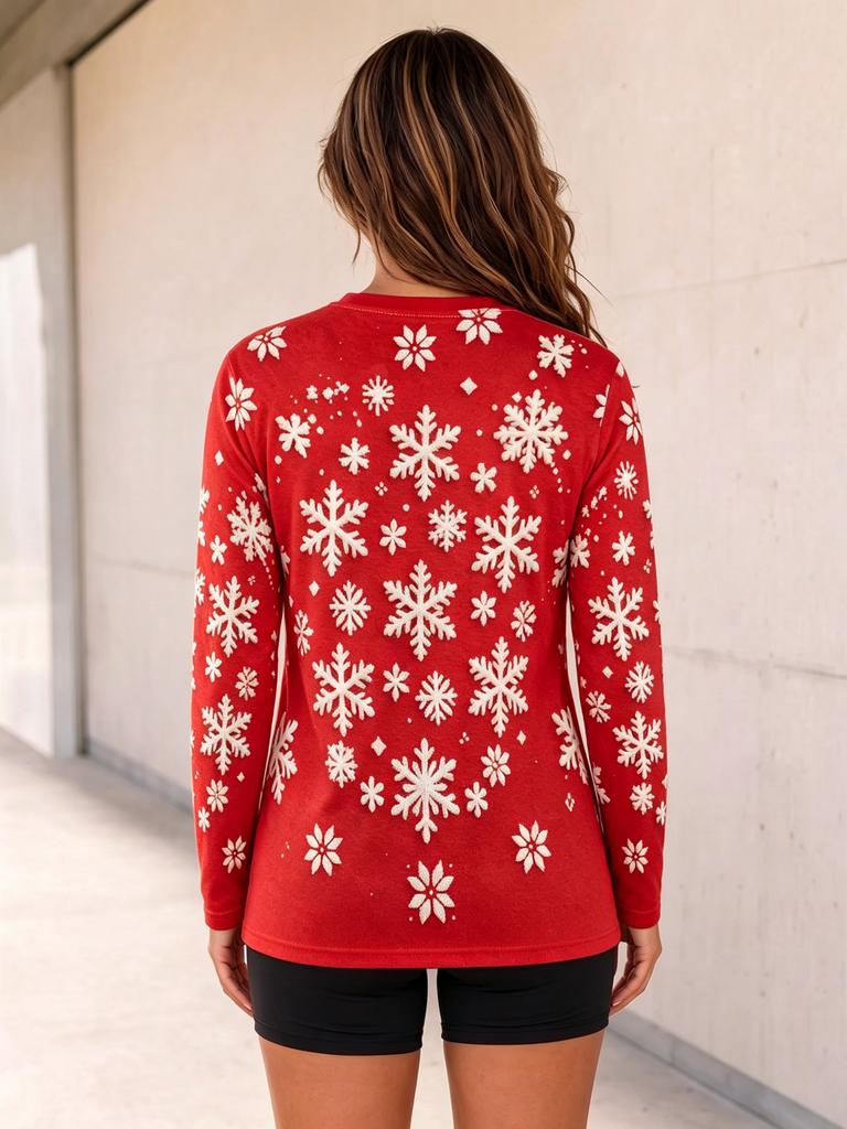 Unisex Couple Long Sleeve Ugly Christmas Tshirt Classic 3D Print Red Round Neck Santa Snowflake Holiday Casual Tops