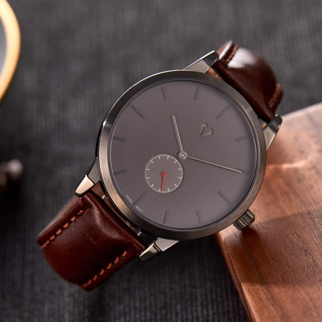 SURVAN Men's Analog Quartz Watch Black Dial Genuine Leather Strap Sapphire Crystal 50M Water Resistant
