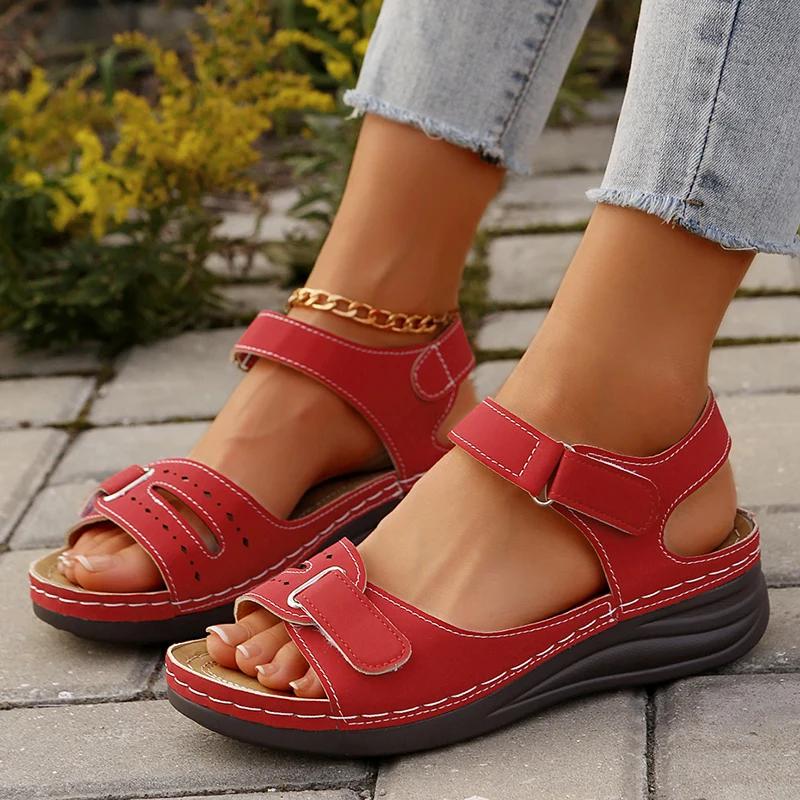 

Fashion Retro Soft Sole Wedge Sandals Women Summer 2025 Lightweight Platform Walking Shoes Woman Comfort Non Slip Beach Sandalias Mujer 36 красный