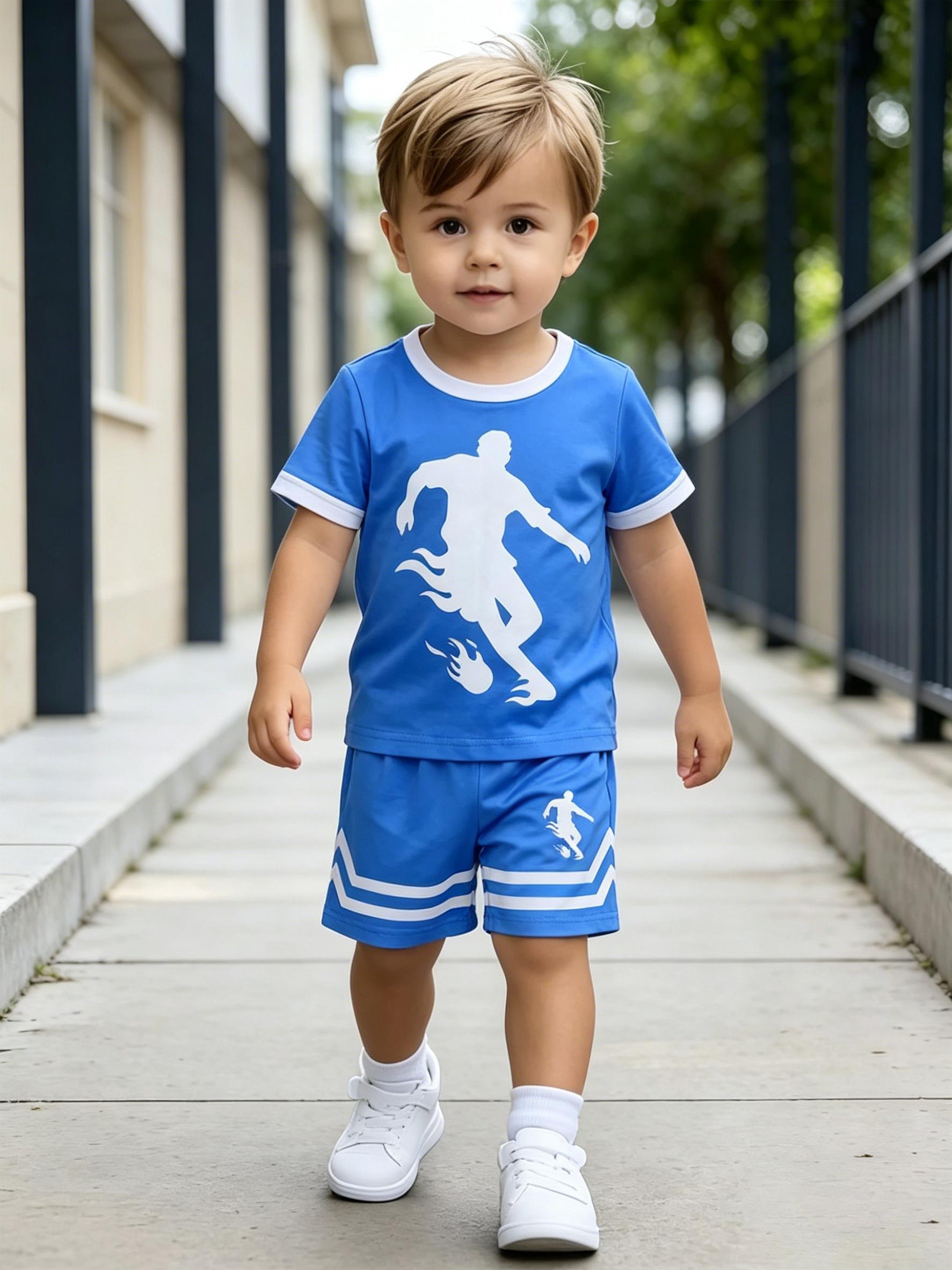 

Toddler Boys Cool Soccer Player Print 2-Piece Outfit, Summer Blue Sporty Clothes for Kids, Perfect for Playwear & Outdoor 5-6Y синій