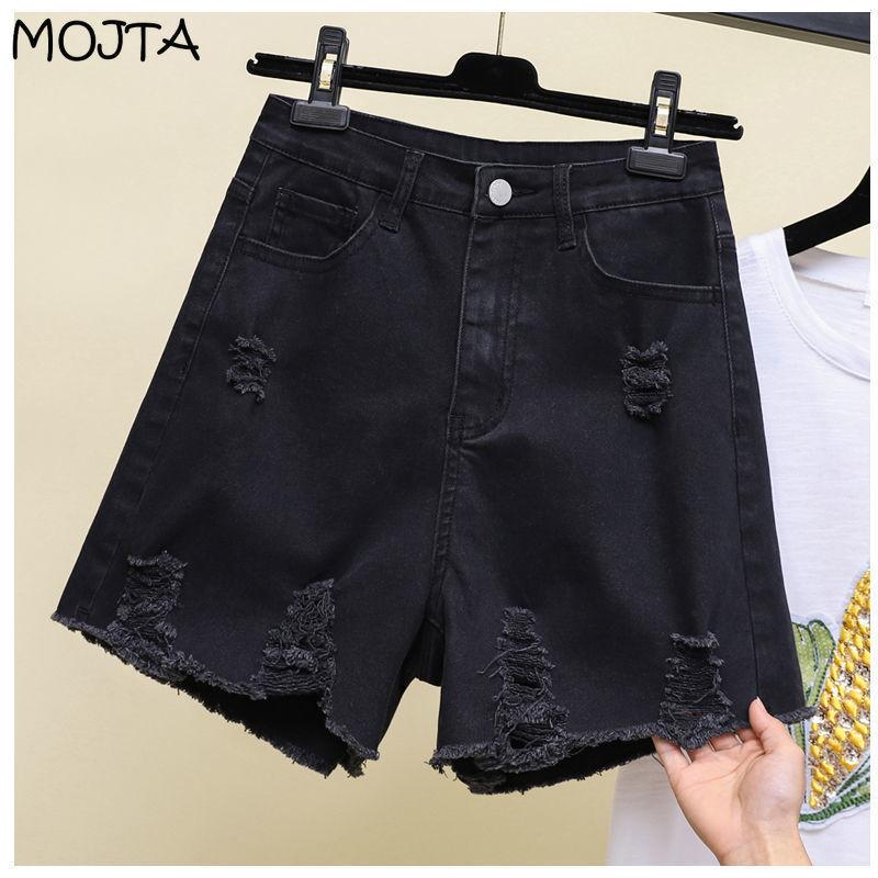 Kadın Yaz Moda Yüksek Bel Kot Şort Pantolon Geniş Bacak Tüm Maç Rahat Delik Jean Şort Artı Boyutu