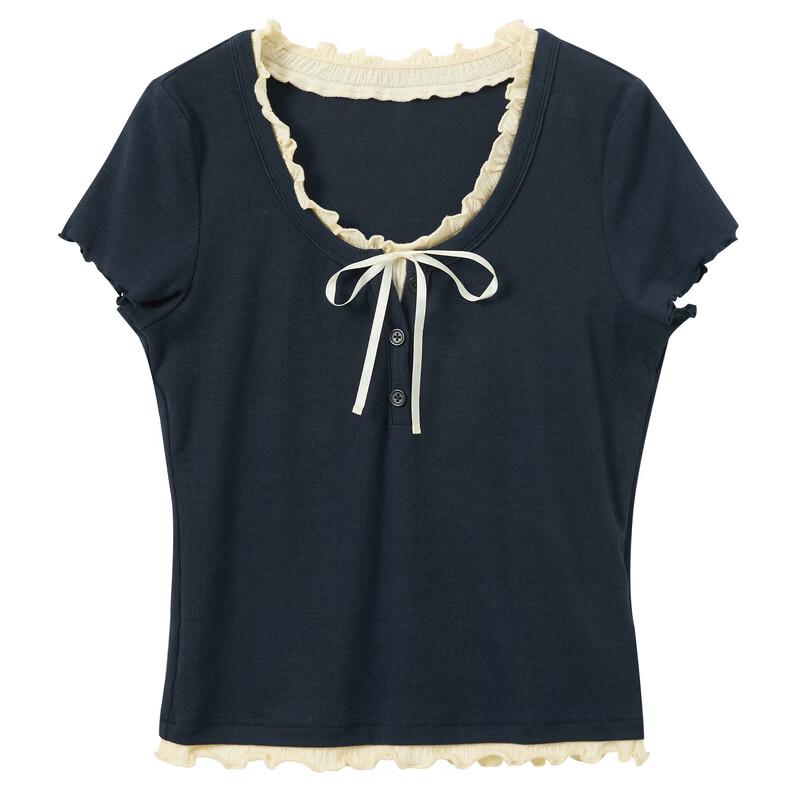 Sancai 2026 Summer Ruffle Trim Tie-Waist Layered Short Sleeve T-Shirt