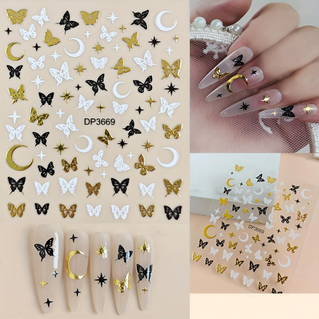 1 Stück Nail Art Aufkleber Abziehbilder - Gestickte 3D Goldfolien Herzen, Sterne & Schmetterlinge, Selbstklebende Kunststoff Nageldekoration für Frauen