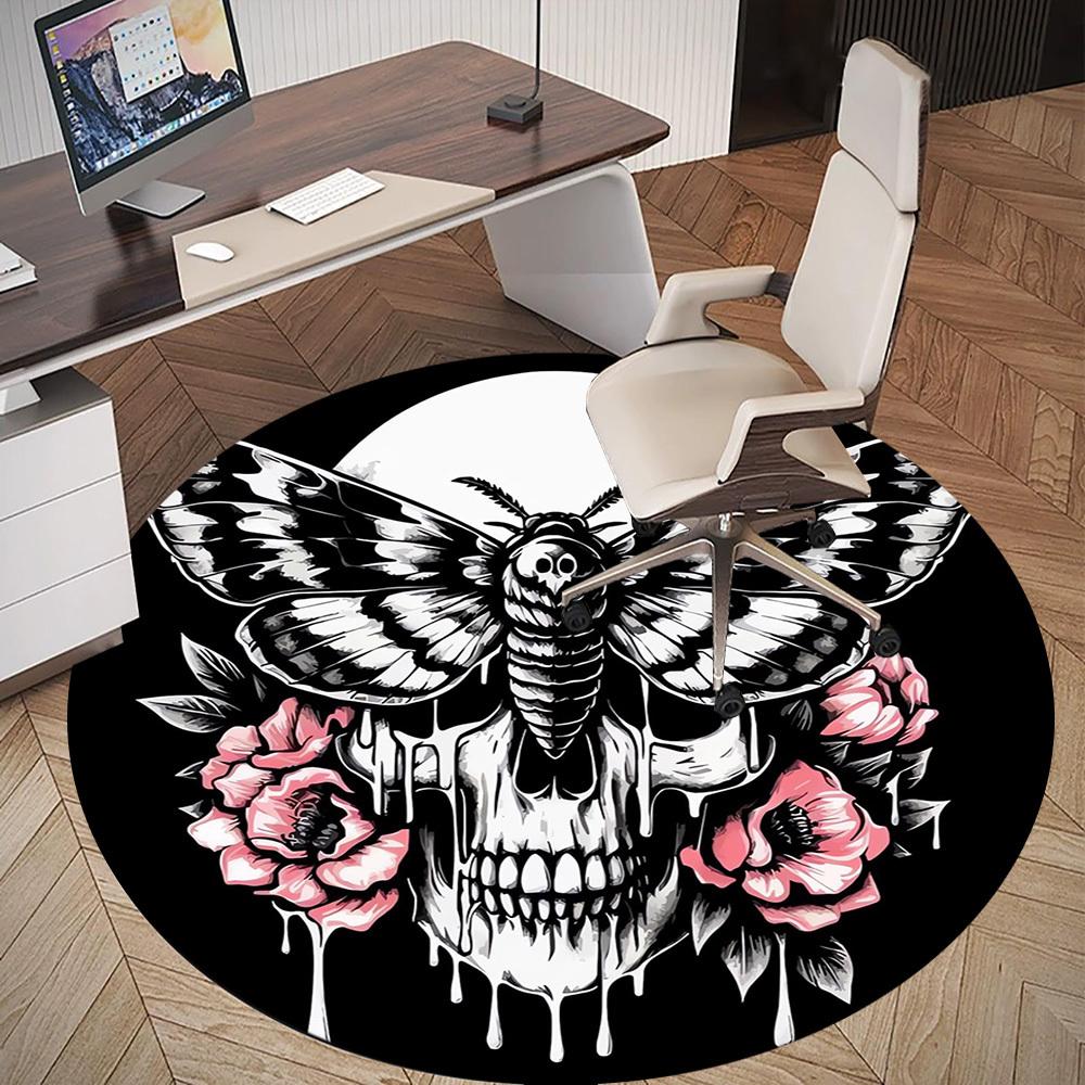 1pc Butterfly Skull Round Chair Mat Office Area Rug - Non-Slip, Floor Mat for Office, Bedroom, and Indoor Decor P127202