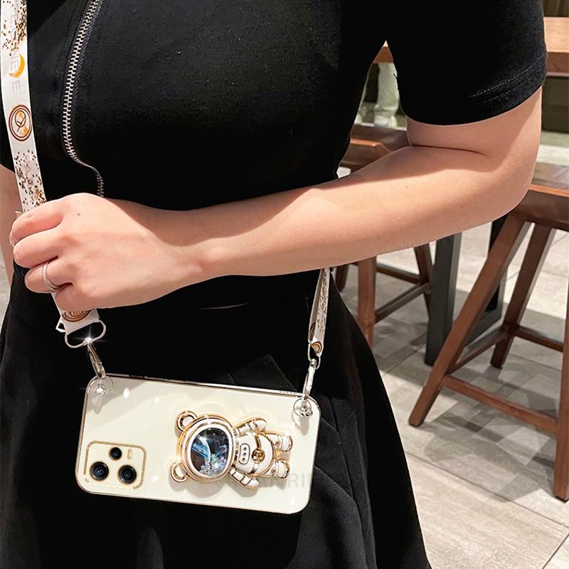 Note12 Crossbody Lanyard Plating Case On For Xiaomi Redmi Note 12 Pro Plus 12pro 5g 12s 4g 11s 11 Astronaut Silicone Stand Cover