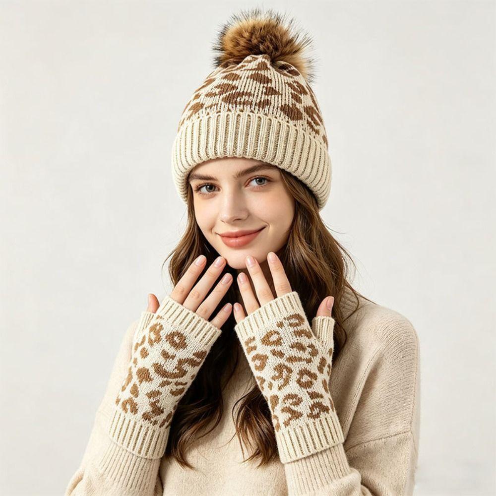 2Pcs/Set Warm Knit Beanie Leopard Knitted Winter Hat New Leopard Print Beanie Everyday Wear