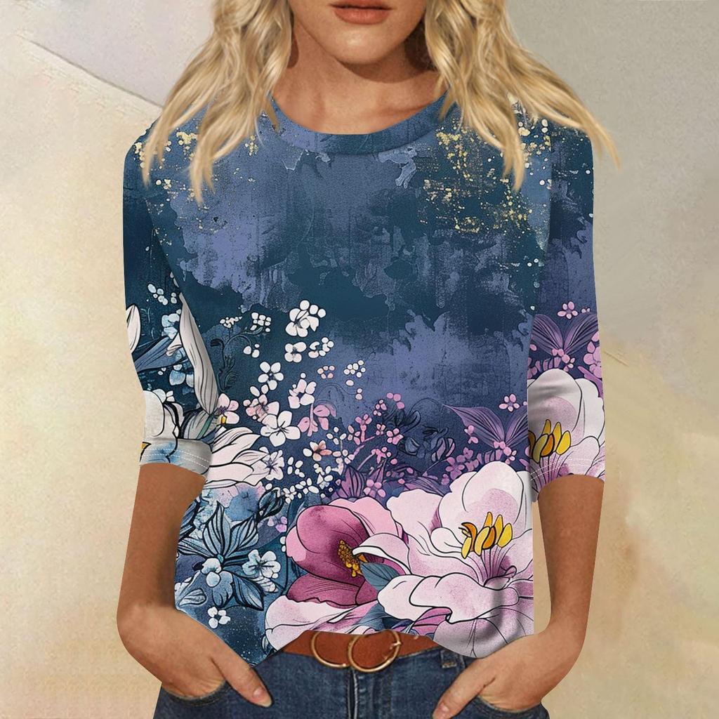 Damenmode Lässiges T-Shirt mit Rundhalsausschnitt und Dreiviertelärmeln und Aufdruck