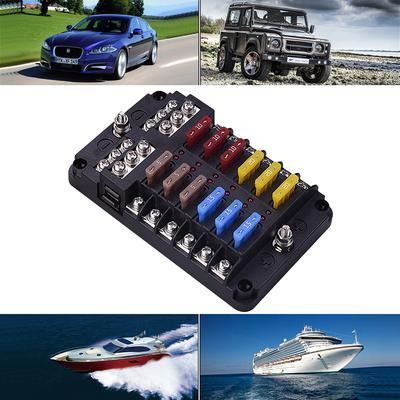 Car Independent Positive and Negative 12 Ways Fuse Box with LED Indicator Light 12 In 12 Out Screw Wiring with 24 Pieces of Fuse