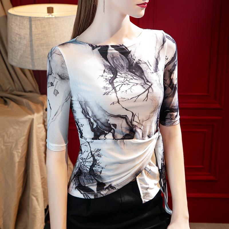 Kurzarmhemd Damen Sommerkleid, Neues Netz-Print-Oberteil, Unregelmäßiger Auslandsstil Träger Taille, Schönes Hemd