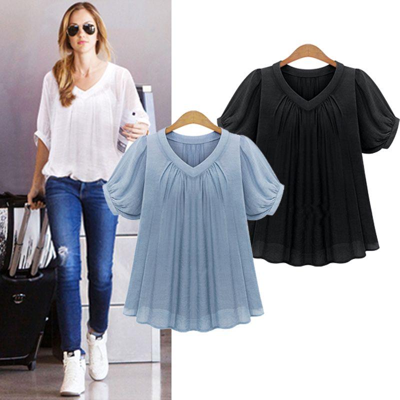 

Export Oversize Women s Clothing Fat Sister European Station Fashion 100.00kg Slim Looking Chiffon Shirt T-shirt Short Sleeve Female Loose Fashion Blue XL