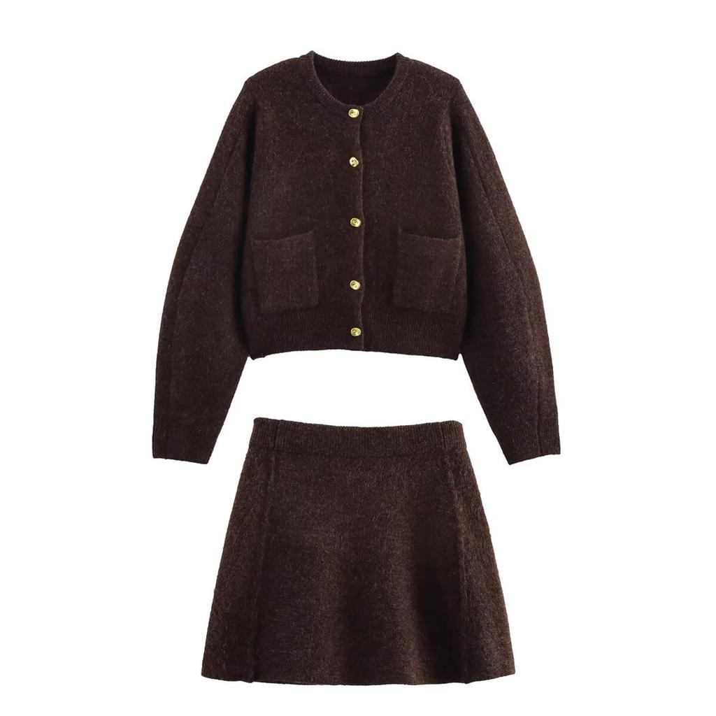 European And American Style Foreign Trade Women's Clothing New 2025 Fashion Gold Button-decorated Knitted Jacket Skirt Suit