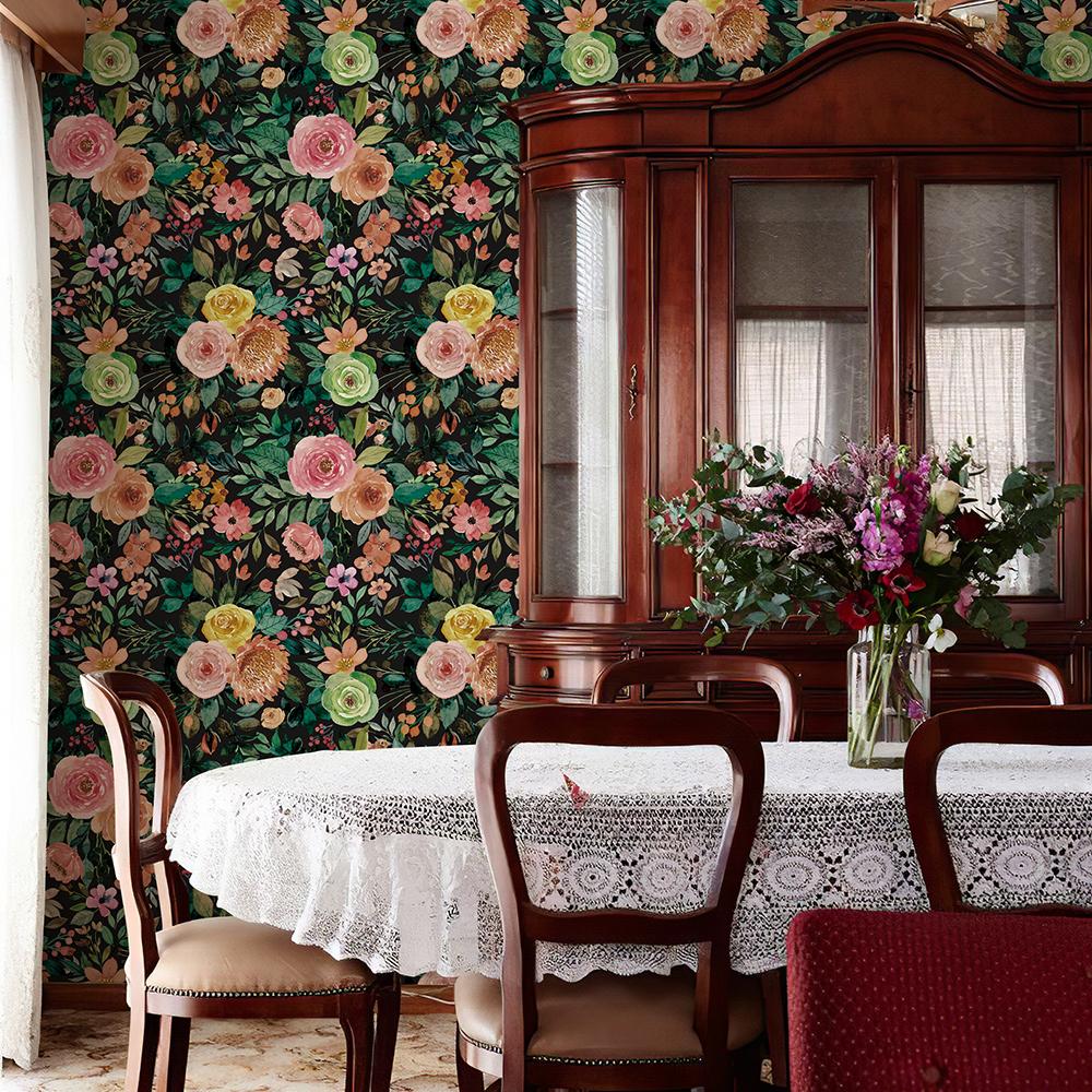 Elegant Green Leaf and Pink Floral Wallpaper Self-adhesive Home Decor Blooming Floral Wall Mural Peony Roses Wallpaper