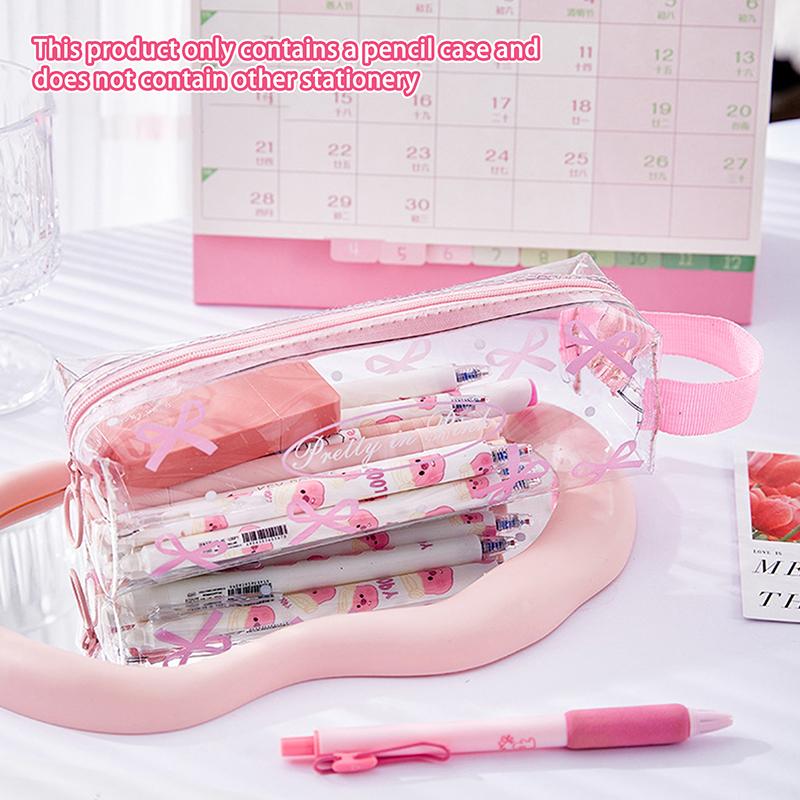 Kawaii Bow Pencil Case Large Capacity Double Layer Transparent Portable Pencil Case School Student Stationery Supplies