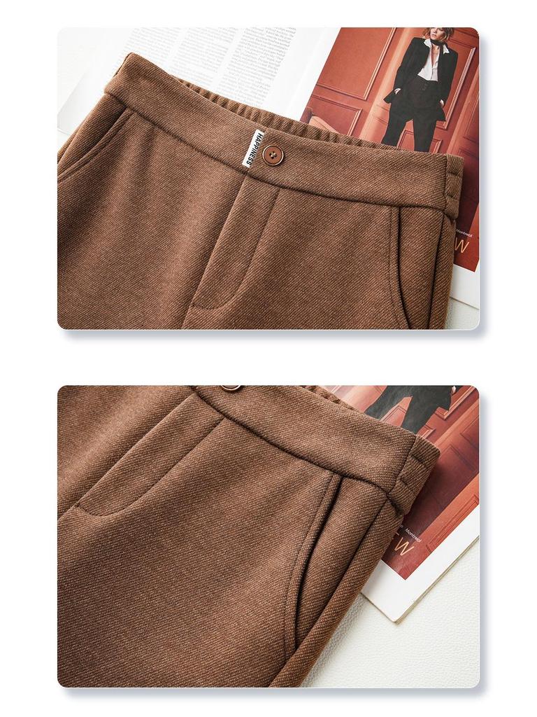 Women's 2024 Khaki Wool Blend Loose Fit Slimming Wide Leg Pants for Autumn and Winter