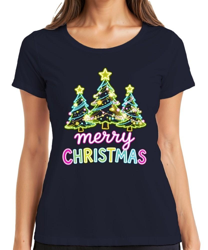 Merry Christmas Neon Christmas Trees Light Up Font Retro Gift Ladies TShirt S