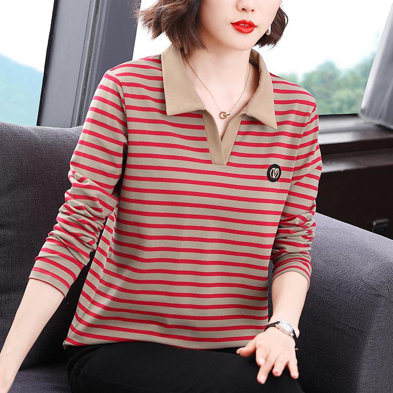 

Модная женская синяя полосатая рубашка поло с длинными рукавами, женская весна и лето, новый тонкий топ для мам среднего возраста 3XL